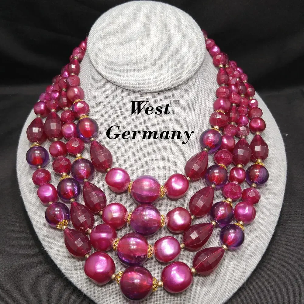 West Germany Thermoset Red Beaded Necklace 4 Strand 1950s Vintage Jewelry